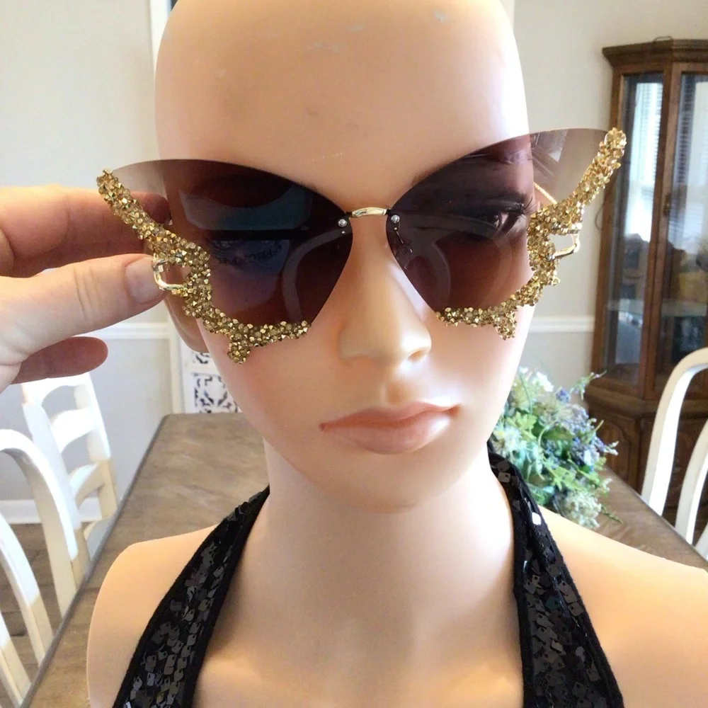 Women's Fashion Large Rimless Rhinestone Butterfly Sunglasses- Gradient Tea